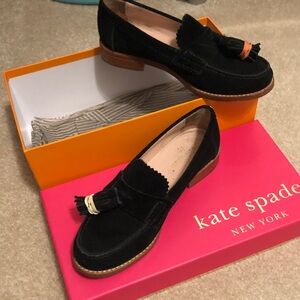 kate spade Black Suede BLAINE style Tassel Loafers with Contrast Heel size 6